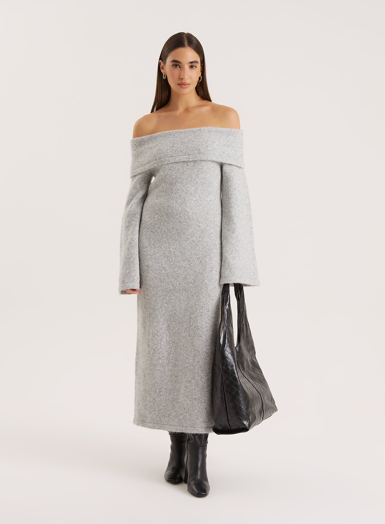 Grey Off Shoulder Wool Blend Knitted Maxi Dress